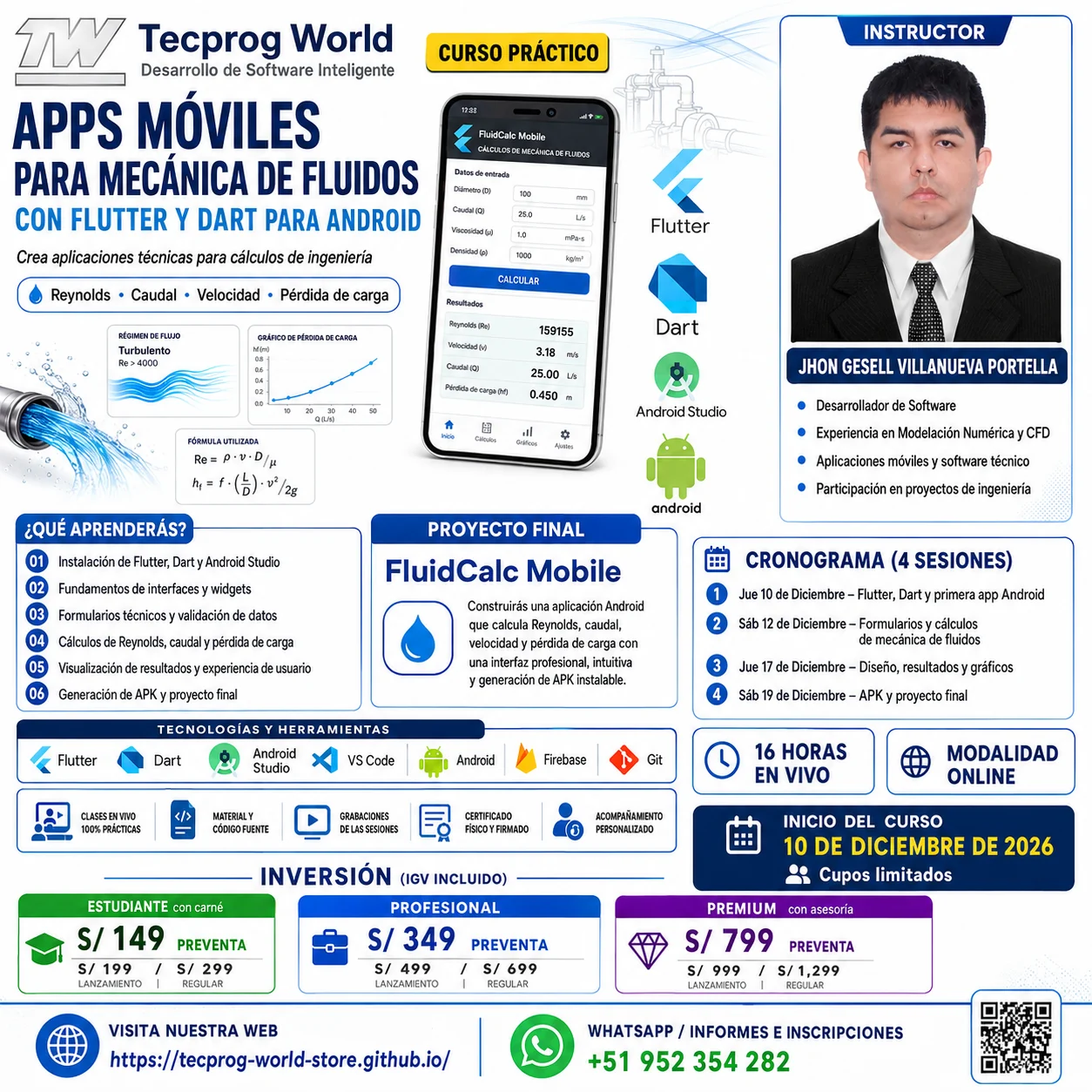 Flyer del curso Curso práctico de Apps Móviles para Mecánica de Fluidos con Flutter y Dart