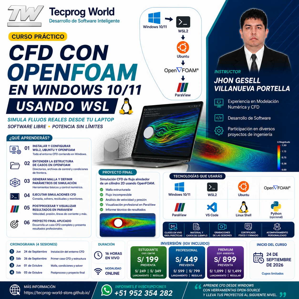 Flyer del curso Curso práctico de CFD con OpenFOAM en Windows 10/11 usando WSL