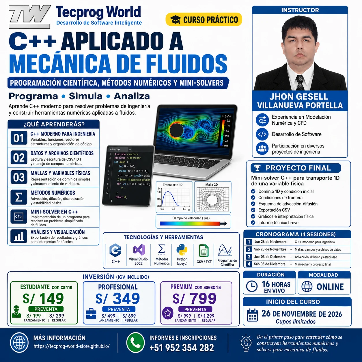 Flyer del curso Curso práctico de C++ aplicado a Mecánica de Fluidos