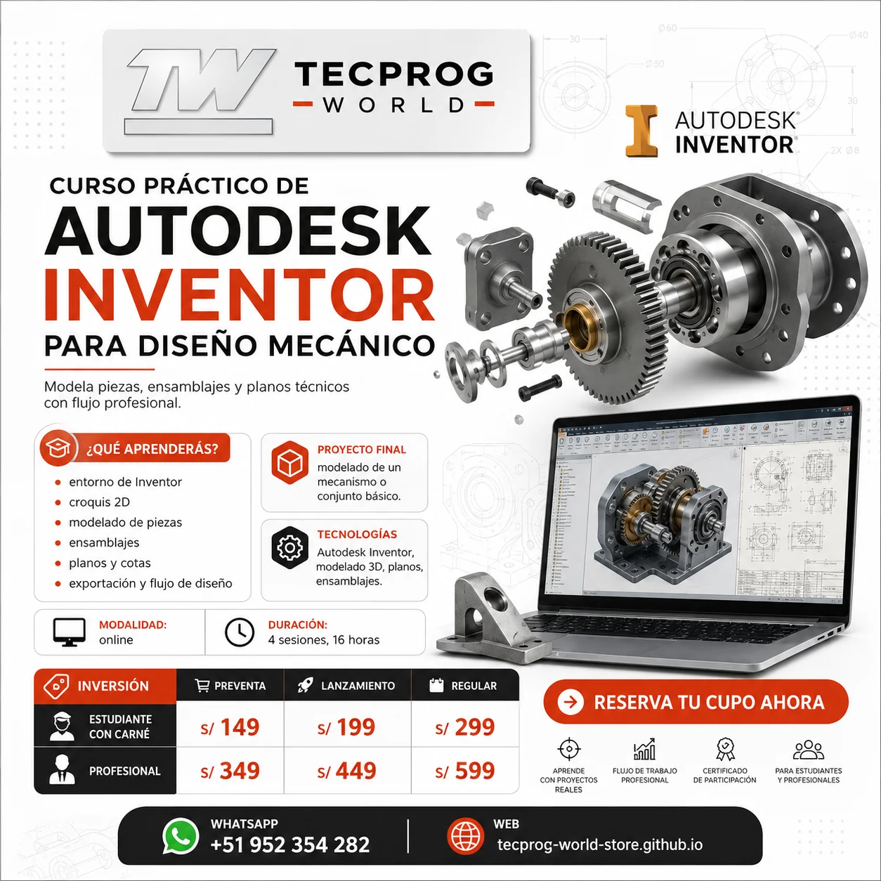 Flyer del curso Curso práctico de Autodesk Inventor para Diseño Mecánico