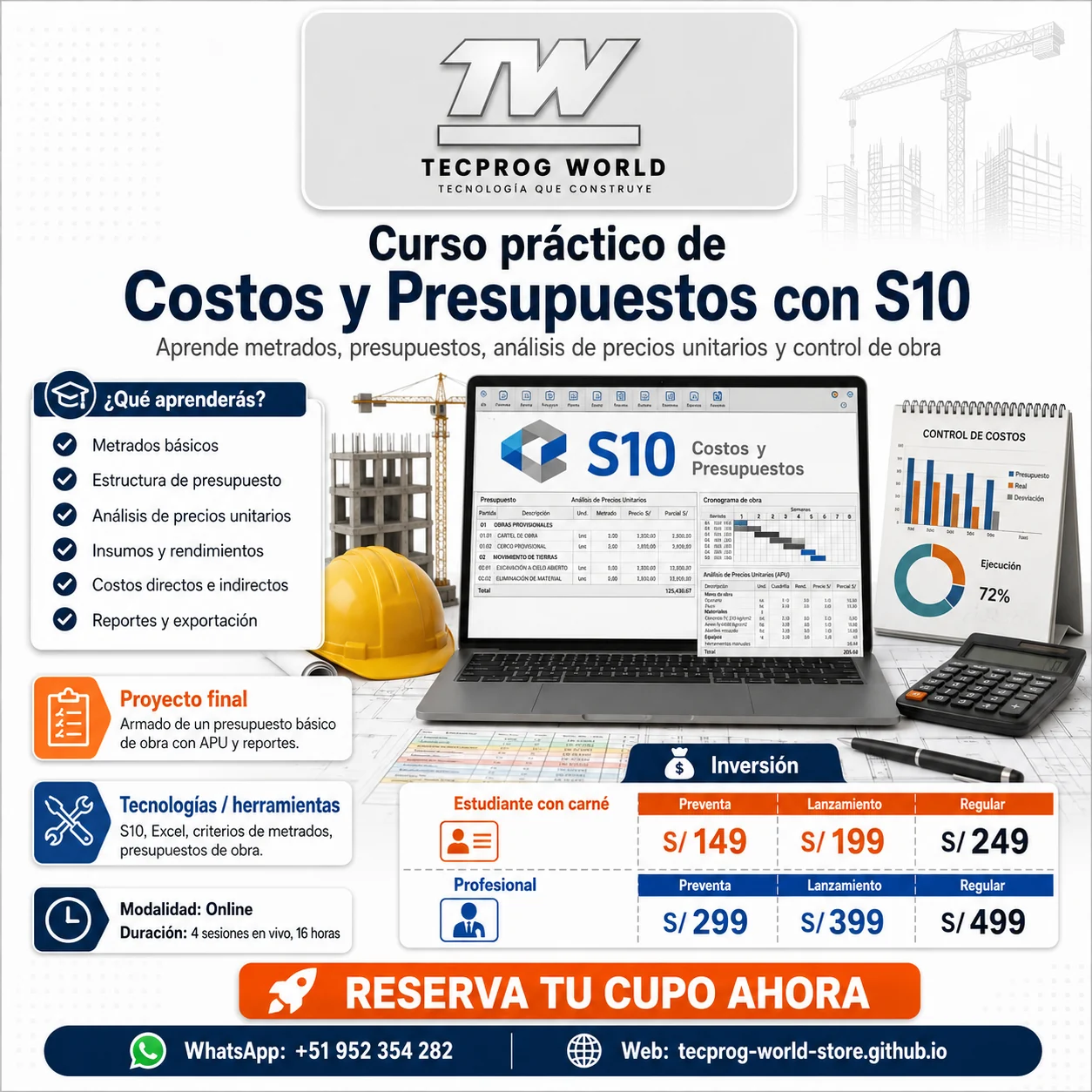 Flyer del curso Curso práctico de Costos y Presupuestos con S10