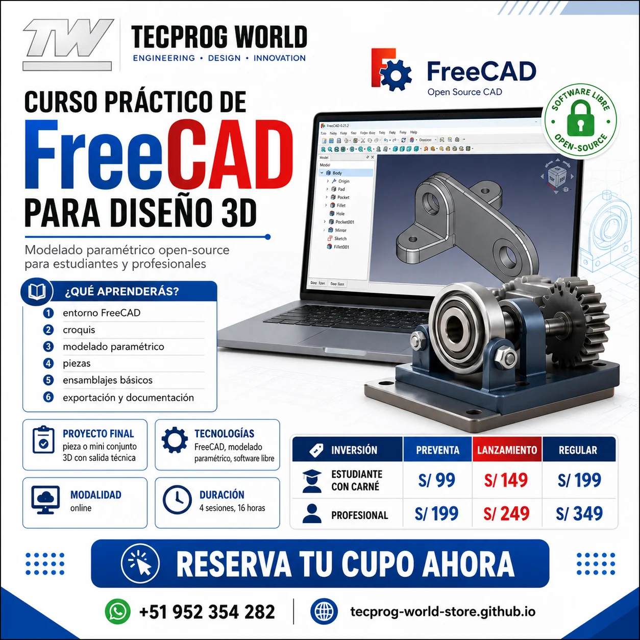 Flyer del curso Curso práctico de FreeCAD para Diseño 3D
