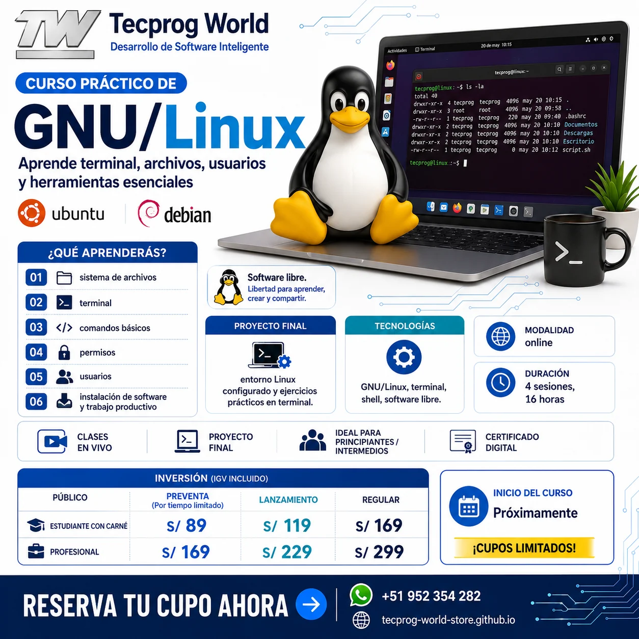 Flyer del curso Curso práctico de GNU/Linux