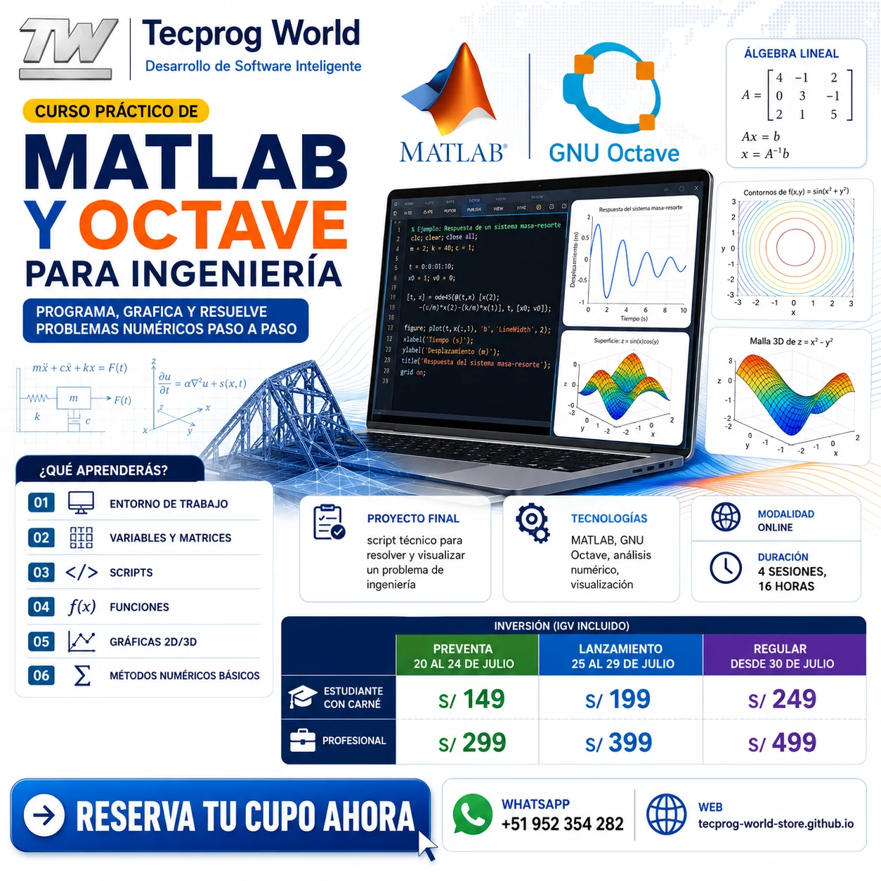 Flyer del curso Curso práctico de MATLAB y Octave para Ingeniería