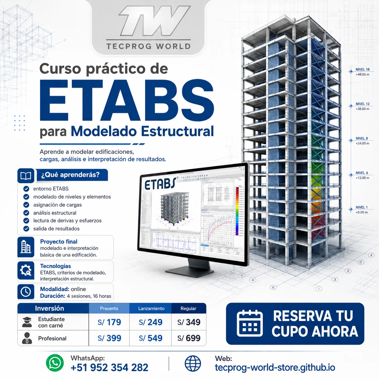 Flyer del curso Curso práctico de ETABS para Modelado Estructural