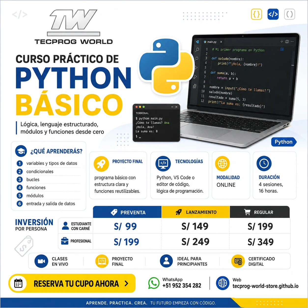 Flyer del curso Curso práctico de Python Básico