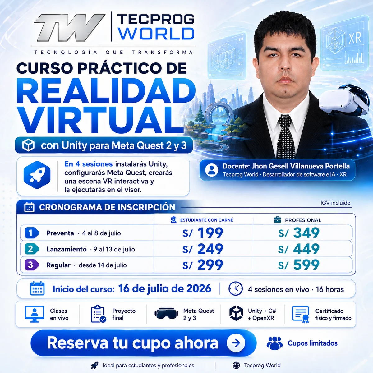 Flyer del curso Curso práctico de Realidad Virtual con Unity para Meta Quest 2 y 3