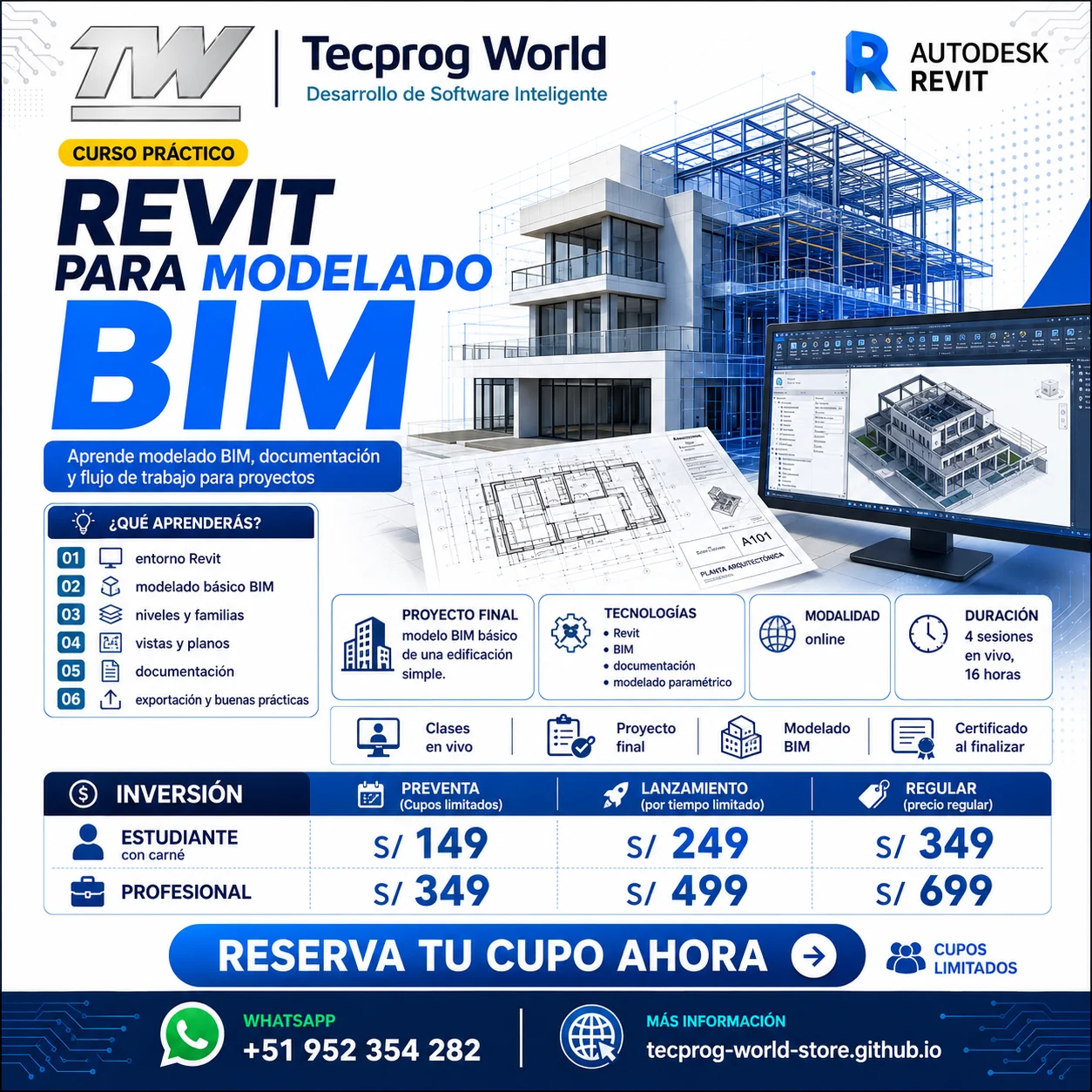 Flyer del curso Curso práctico de Revit para Modelado BIM