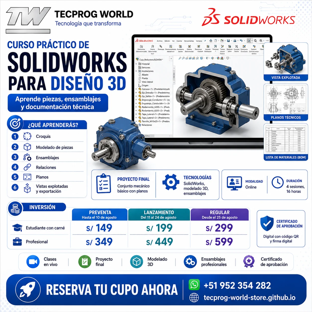 Flyer del curso Curso práctico de SolidWorks para Diseño 3D