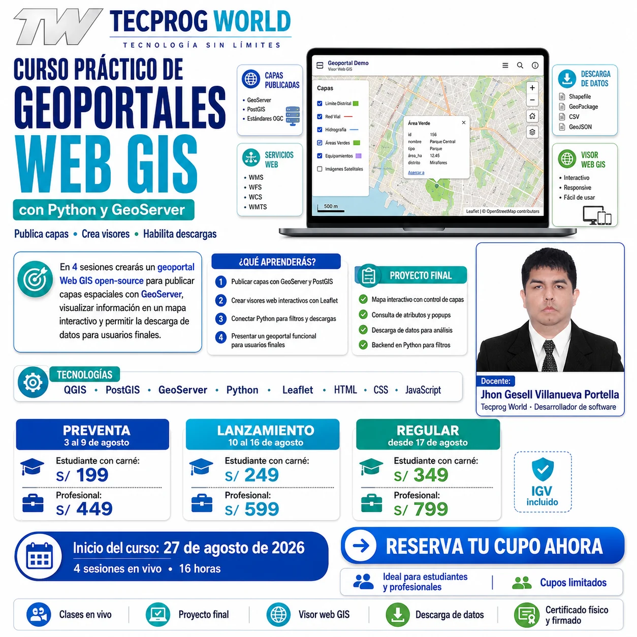 Flyer del curso Curso práctico de Geoportales Web GIS con Python y GeoServer