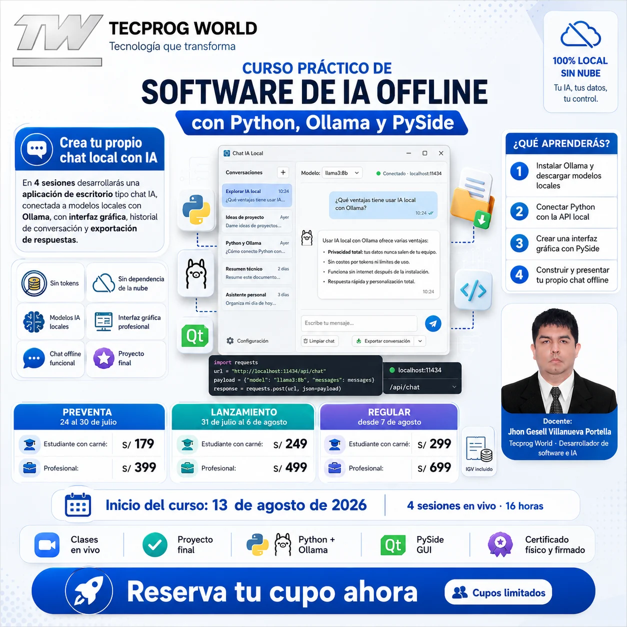 Flyer del curso Curso práctico de Software de IA Offline con Python, Ollama y PySide