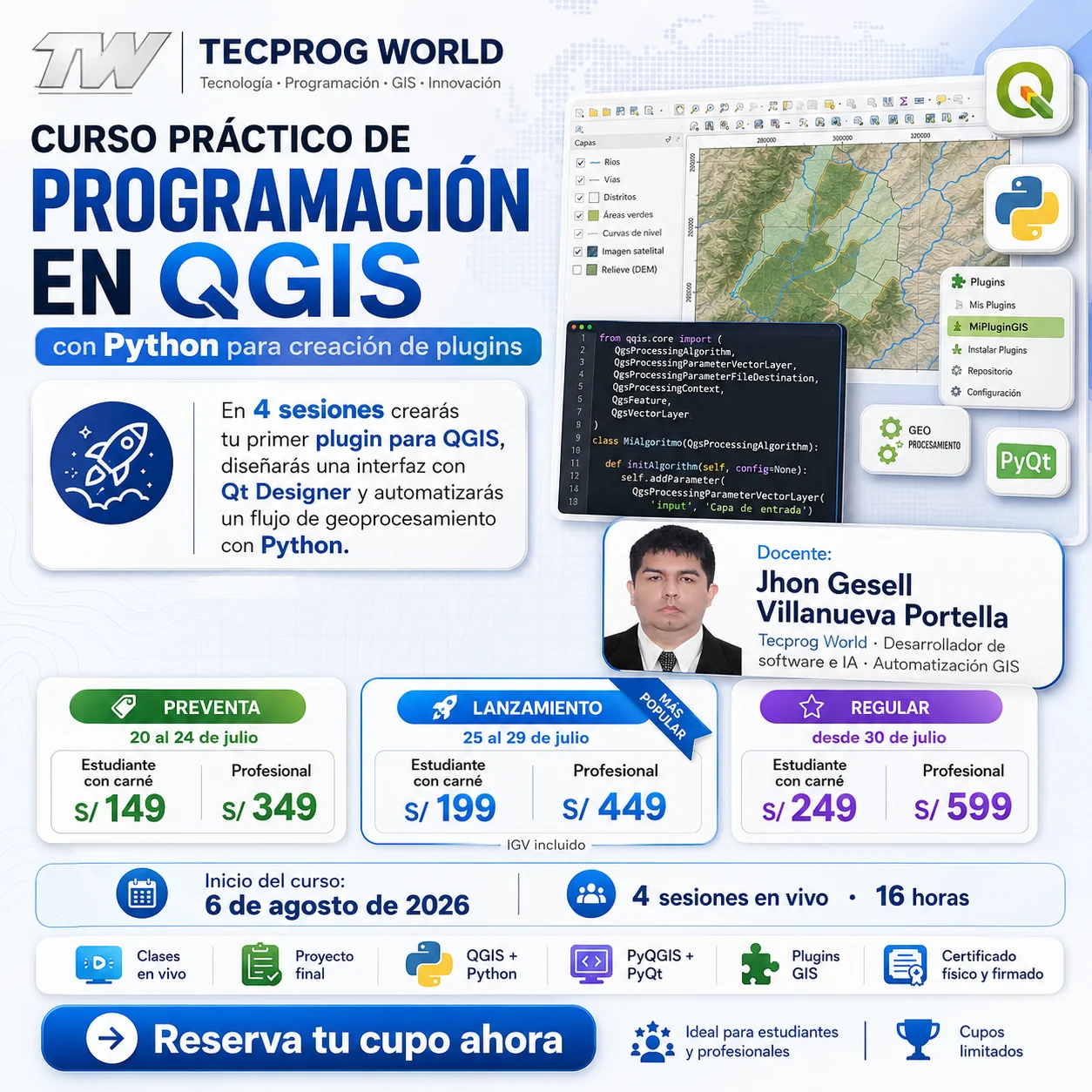 Flyer del curso Curso práctico de Programación en QGIS con Python para creación de plugins