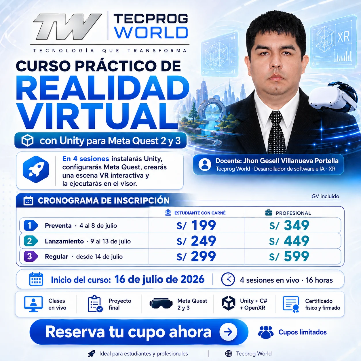 Flyer del curso Curso práctico de Realidad Virtual con Unity para Meta Quest 2 y 3