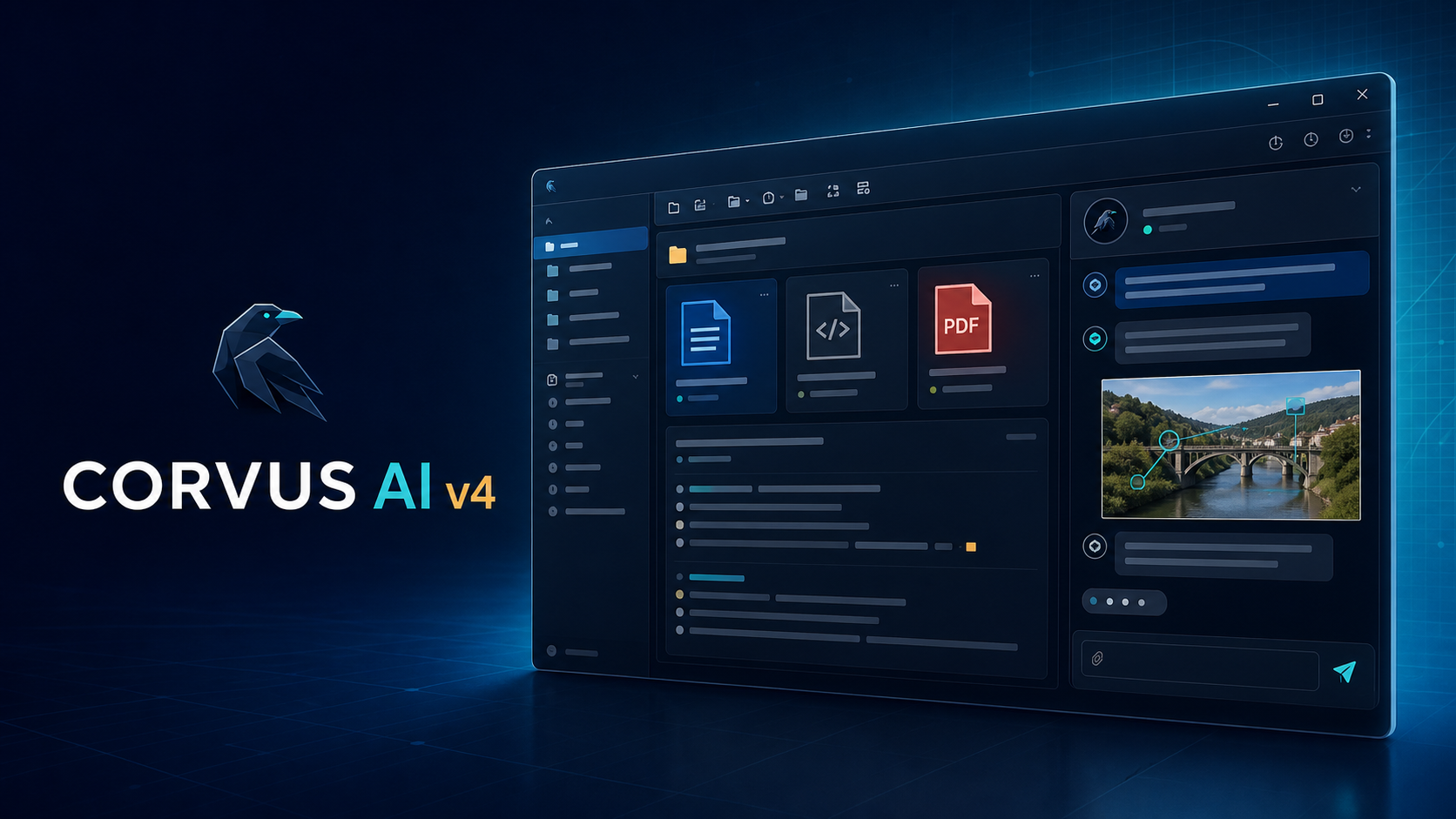 Ilustración comercial de la interfaz de CORVUS AI v4 alpha